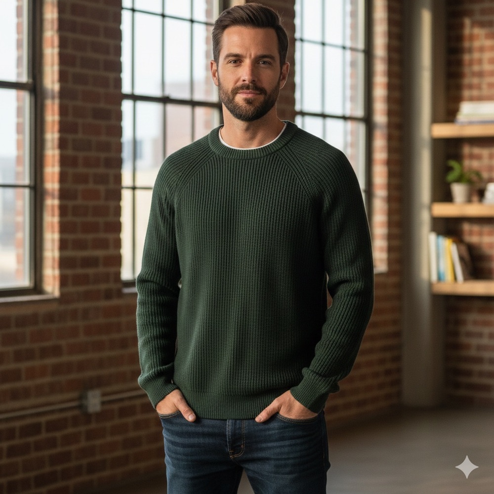 Forest Green Shaker Stitch Crewneck Sweater Raglan Sleeve Cotton Knit Pullover L